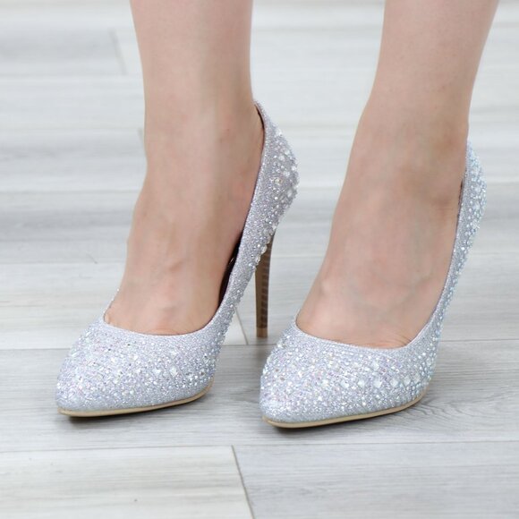 Silver Sparkly Diamond Rhinestone Glitter Pointy Toe Needle High Heel Stiletto - Picture 2 of 16